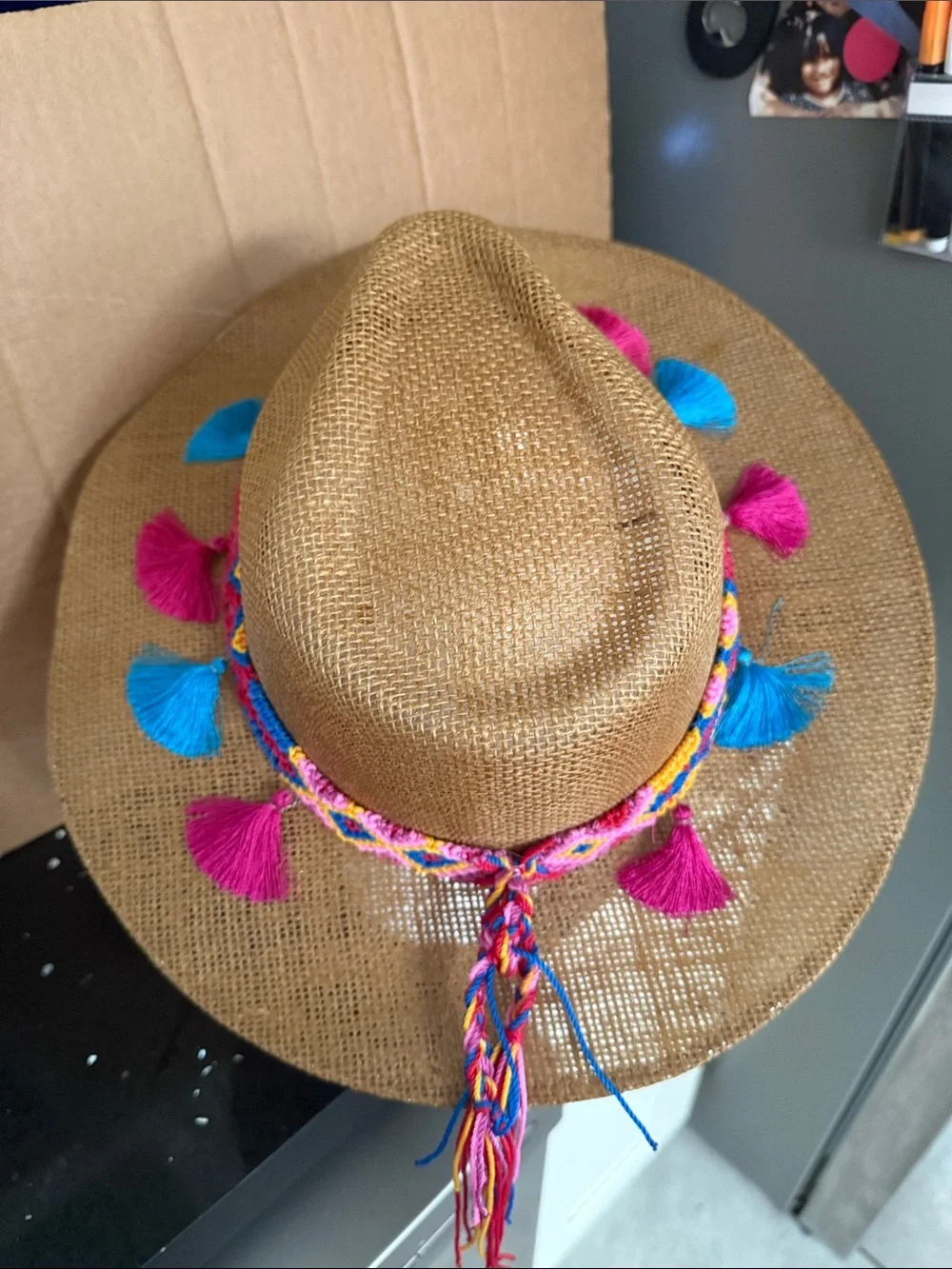 Straw Fedora with Pink & Blue Tassel Band